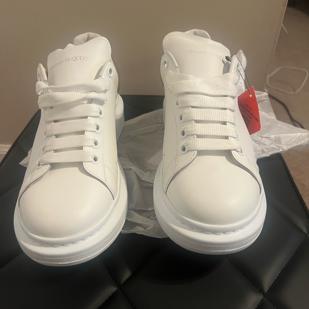 Alexander McQueen Classic White Lace-Up Sneakers with Gold trims size 10 men